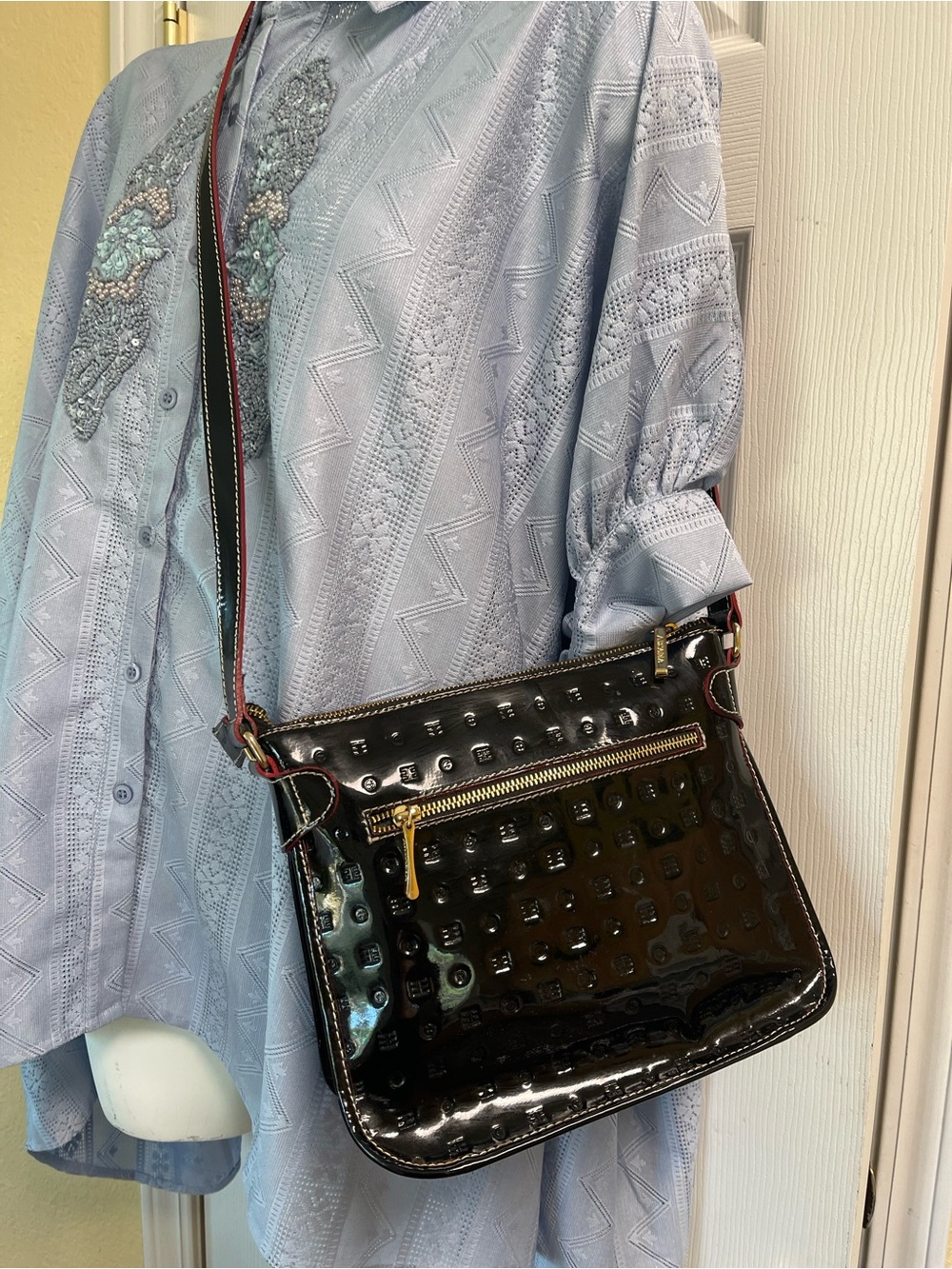 Arcadia Black Patent Leather Crossbody Bag with Gold Hardware